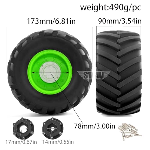 RC Monster Truck Tires and 17mm&14mm Hex Wheels Rims Rubber Buggy Tyres for 1/8&1/7 Scale Off Road Truck Car Kaiju Tmaxx E-Revo 3.3 Arrma Kraton 6S Typhon 3S HPI Redcat Traxxas Maxx (Green) - color: Green