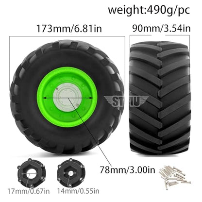 RC Monster Truck Tires and 17mm&14mm Hex Wheels Rims Rubber Buggy Tyres for 1/8&1/7 Scale Off Road Truck Car Kaiju Tmaxx E-Revo 3.3 Arrma Kraton 6S Typhon 3S HPI Redcat Traxxas Maxx (Green) - color: Green