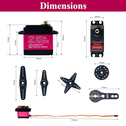 25kg Digital RC Servo High Torque Servo Motor Full Metal Gear Steering Servo DS3225MG for DIY RC Model 1/8 1/10 Baja Cars Robot Boats, Control Angle 180° (Pack of 2) - style: 2PCS 25KG DS3225 - 180°