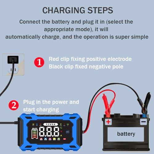 6A 12V Smart Battery Charger Maintainer (Blue) | 6A Smart Charger Maintainer, Pulse Desulfator, Trickle Tender, Overcharge Safe, AGM/GEL/SLA, for Car/Marine/Lawn Mower/ATV - color: Blue