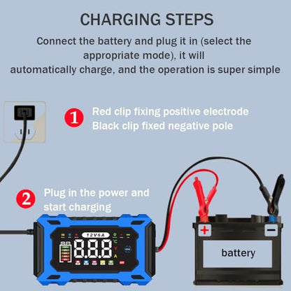 6A 12V Smart Battery Charger Maintainer (Blue) | 6A Smart Charger Maintainer, Pulse Desulfator, Trickle Tender, Overcharge Safe, AGM/GEL/SLA, for Car/Marine/Lawn Mower/ATV - color: Blue