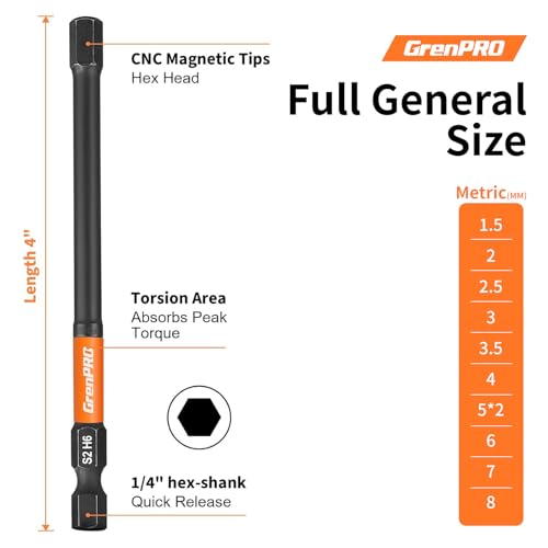 GRENPRO 11-Piece Allen Wrench Drill Bit Set, Metric, 4-Inch Impact Hex Bits | S2 Steel Bits with CNC-Machined Tips, Magnetic Fastener Retention, 1/4" Hex Shanks and a Storage Box for Organized Storage - size: 4" 11pcs(Metric)