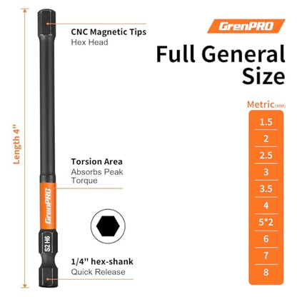 GRENPRO 11-Piece Allen Wrench Drill Bit Set, Metric, 4-Inch Impact Hex Bits | S2 Steel Bits with CNC-Machined Tips, Magnetic Fastener Retention, 1/4" Hex Shanks and a Storage Box for Organized Storage - size: 4" 11pcs(Metric)