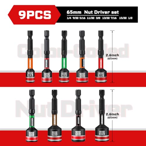 Impact Nut Driver Set, 9 Pieces 2.56 Inch Long 1/4 to 1/2 Magnetic SAE Nut Setter Set, 6 Point Alloy Steel Use 1/4” Hex Shank Impact Driver Stored in Portable Storage Cases for Repair - size: 2.56", style: 2.56"-S