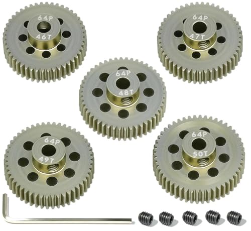 5Pcs 64P Aluminum Alloy Pinion Gear Set 3.175mm 46T 47T 48T 49T 50T Motor Pinion Gear W/ M4 Screw and Hex Key, Fit 3.175mm (1/8-Inch) Shaft, for Arrma HPI Kyosho Losi Axial Traxxas Tamiya 1/10 RC Car - size: 64P-3.175mm-46-50T
