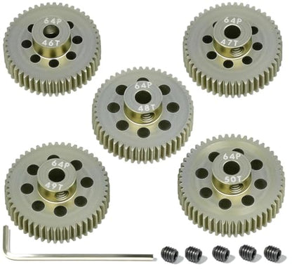 5Pcs 64P Aluminum Alloy Pinion Gear Set 3.175mm 46T 47T 48T 49T 50T Motor Pinion Gear W/ M4 Screw and Hex Key, Fit 3.175mm (1/8-Inch) Shaft, for Arrma HPI Kyosho Losi Axial Traxxas Tamiya 1/10 RC Car - size: 64P-3.175mm-46-50T
