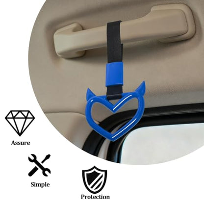 2PCS Car Devil Heart Handle Ring, Cute Heart-Shaped Vehicle Rear Bumper Waring Loops, Automotive Grab Handle Strap Drift Charm Decoration, Universal Fit (Blue/Black) - color: Blue/Black