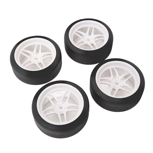 4pcs RC Tires Wheels Rims Set, 1/10 Scale Rubber Tires with 12mm Hex Hub, 26mm Wide Smooth Drift Tires for RC Racing and Drifting Cars Compatible with TT01 HSP (White) - color: White