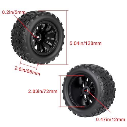HobbyPark PreGlued Mounted 12mm Hex Hubs RC Truck Tires and Wheels 2.8 Tires with Foam Inserts for Traxxas Rustler Stampede Hoss 4x4 Redcat RC Monster Truck Set of 4 (128x67mm(HxW)) - size: 128x67mm(HxW)