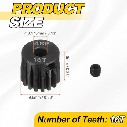 MECCANIXITY 48P Hardened Steel Pinion Gear, 16T 3.175mm Shaft Metal Motor Gear with Hex Key for RC Brushless Brush Motor Model Car Replace(Black) - size: 16T