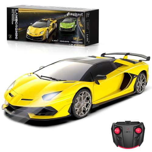 AEROQUEST Lamborghini Remote Control Car, 1:24 Scale Electric Sport Racing Hobby Toy Car Lamborghini Model Vehicle for Boys Girls Birthday Gifts, Yellow | Officially Licensed,Birthday Gift,Toys for ages 3-8,Aventador SVJ Mode,Electric Sport Racing,Hobby R