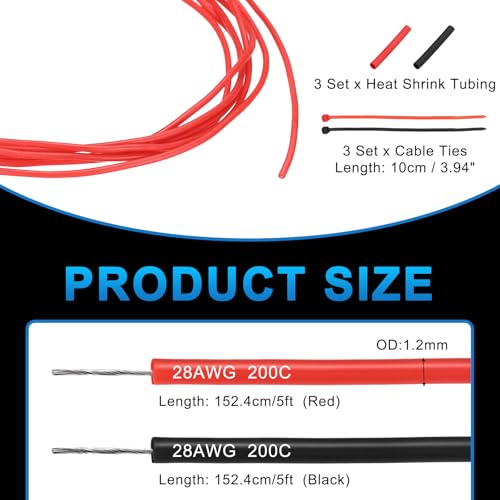 MECCANIXITY 28 Gauge Silicone Electrical Wire Cables, 28 AWG 5ft Black and 5ft Red Electrical Wires High Temp 600V 200C Flexible Stranded Tinned Copper Wires Automotive Cable with Accessories - size: 28 Gauge 2m/5ft