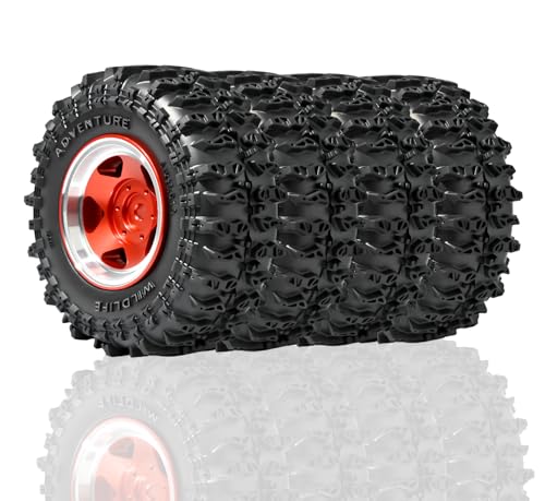1.3" Beadlock Wheel Tires, Aluminum 1.3 Beadlock Wheels and Tires Upgraded 1.45-inch Wheel for for 1/24 SCX24 AX24 FCX24 1/18 TRX4M FMS RC Crawler Car Upgrade (Red) - color: Red