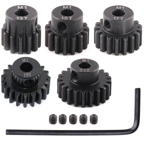 5pcs Mod 1 Pinion Gear 5mm Set Hardened Steel 13T 15T 17T 19T 21T Fit 5mm RC Motor Shaft M1 Pitch Gears Compatible with Arrma Traxxas Axial HSP Redcat Losi RC Car Truck Buggy (with Screwdriver) - size: 13 15 17 19 21T