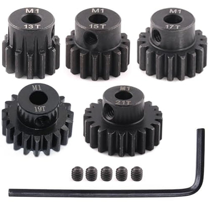 5pcs Mod 1 Pinion Gear 5mm Set Hardened Steel 13T 15T 17T 19T 21T Fit 5mm RC Motor Shaft M1 Pitch Gears Compatible with Arrma Traxxas Axial HSP Redcat Losi RC Car Truck Buggy (with Screwdriver) - size: 13 15 17 19 21T