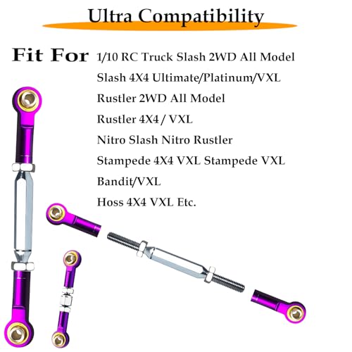 Stainless Steel Camber Links with Rod Ends for 1/10 Traxxas Rustler,Purple | Adjustable Turnbuckles with Spacers & Wrench for Slash 4X4/2WD, Stampede 4X4, Hoss 4X4, Bandit/VXL RC Car Hops Up Parts - color: Purple