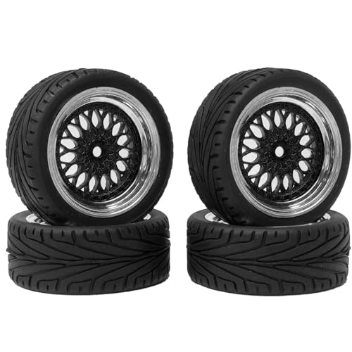 4PCS RC On-Road Car Tyres 65mm Rubber Tire and Plastic Plating Wheel Rims for 1:10 RC Run-flating Racing Touring Car for Tamiya HSP HPI Kyosho(Black Silver, Offset:6mm) - color: Black Silver, size: Offset:6mm