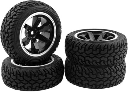 4PCS 75mm Rubber Tires and 6Spokes Plastic Wheel Rims Tyre for 1/10 RC On-Road Drift Racing Car 1:14 1:16 Rally Car for Tamiya Kyosho HPI HSP TT02 Upgrades Parts (Black Silver) - color: Black Silver