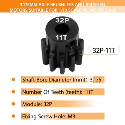 32P 11T Pinion Gear 3.175mm Shaft Hardened Steel, 32 Pitch Motor Gear for 1/10 Scale RC Car Truck Crawler Monster Buggy, Compatible with Traxxas for Axial 540 550 Brushed 3650 3660 Brushless - color: 11T