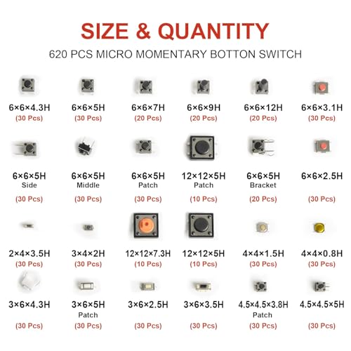 620 Pcs 24 Value Micro Momentary Tactile Switch Assortment Kit | Push Button Switch Set, Made of Plastic, Metal - style: 620 Pcs 24 Value
