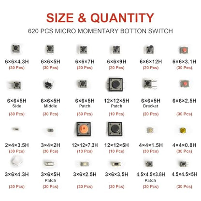 620 Pcs 24 Value Micro Momentary Tactile Switch Assortment Kit | Push Button Switch Set, Made of Plastic, Metal - style: 620 Pcs 24 Value