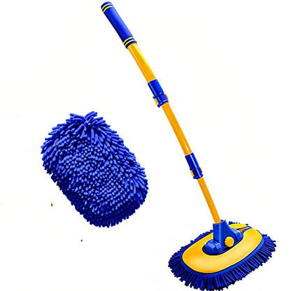 MVEQRRN 15°Curved Chenille Car Wash Brush Mop with Long Handle(Blue) | Chenille car wash mop accessories, cleaning brush supplies, microfiber replacement head, for cars trucks RV - color: Blue-001