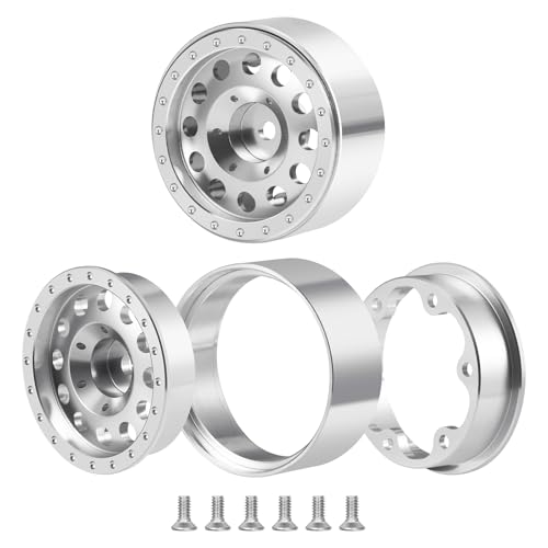 4PCS 1.3" Beadlock Wheel Tires Set Aluminum 1.3inch Beadlock Wheel Hub Rim ＆ 70mm/2.76inch Rubber Crawler Tires for 1/18 TRX4M 1/24 SCX24 RC Crawler Car Upgrade Parts (Bright Silver) - color: Bright Silver