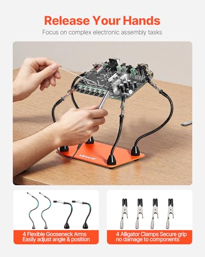 VEVOR Magnetic Helping Hands Soldering Station, 4 Flexible Arms Third Hand Tool, with 6 PCB Pillar Holders & 360 Hot Air Gun Holder, Heavy-Duty Base Soldering Helper for Electronic Repair Craft - style: 11*7in Large Base with Holders