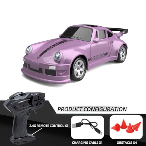 Mini Desktop RC Drift Car, 1:64 Scale 4WD High-Speed 2.4Ghz Remote Control Racing Sports Car with LED Lights for Adults Hobbyists - color: Pink