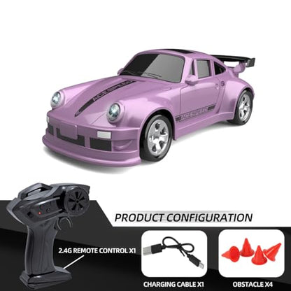 Mini Desktop RC Drift Car, 1:64 Scale 4WD High-Speed 2.4Ghz Remote Control Racing Sports Car with LED Lights for Adults Hobbyists - color: Pink