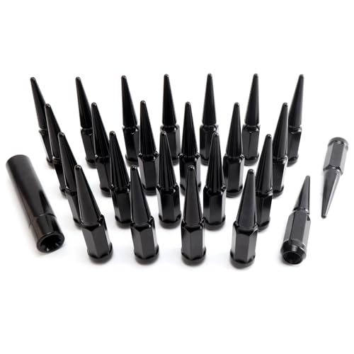 24PCS 14x1.5 Wheel Spike Lug Nuts, Black Spike Lug Nuts | M14x1.5 Solid 4.4" Tall Acorn Lug Nut with 1 Socket Key Replacement for Ram 1500 2500 3500, F-150 F-250 F-350, Grand Cherokee - size: 14x1.5