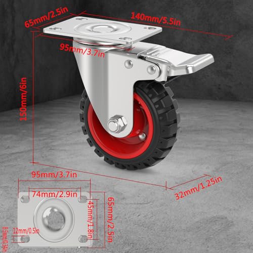 5" Swivel Caster Wheels with Safety Dual Locking and Rubber Tire Wheels, Heavy Duty - 350 Lbs Per Caster for Workbench, Cart, Trolley, Dolly, Cabinet, Compact Rubber Castor Wheels, 4-Packs