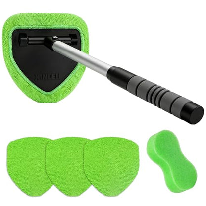 Windshield Cleaner Tool, Windshield Cleaning Tool, Car Window Cleaner with 4 Reusable and Washable Microfiber Pads and Extendable Handle, Auto Inside Glass Wiper Kit for Auto Glass Cleaning