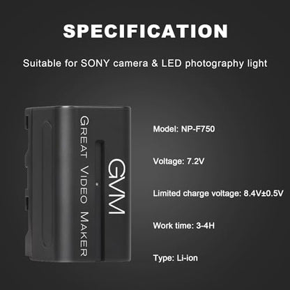 GVM 2 Packs NP-F750 Replacement Batteries 7.2V 4400mAh with Dual Travel Chargers, Compatible with NP-F550/570/750/770/960/970/DCR/DSR/HDR/FDR/HVR/HVL Camera Camcorder LED Video Light Slider Monitor