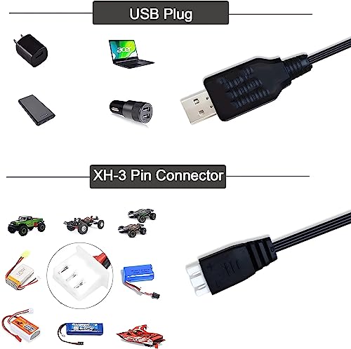 Universal RC Battery Charger Cable with XH3 Pin Connector Plug for 7.4V 2S Lipo Battery, Compatible RC Car/RC Boat/RC Plane/RC Drone/RC Tank/RC Helicopters and Other Remote Control Toys