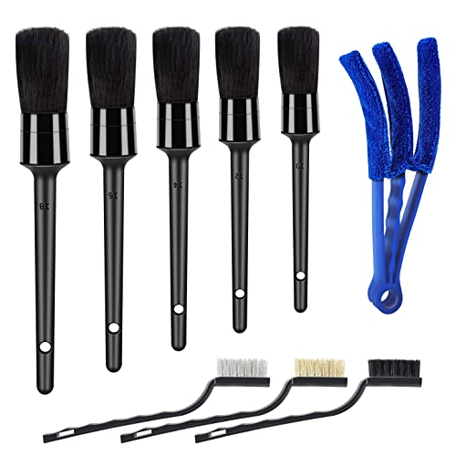 HMPLL 9pcs Auto Car Detailing Brush Set Car Interior Cleaning Kit | Includes 5 Soft Detail Brush, 3 Wire Brush & 1 Vent Cleaning Brush for Cleaning Interior, Dashboard, Engines, Leather, Wheel - color: black