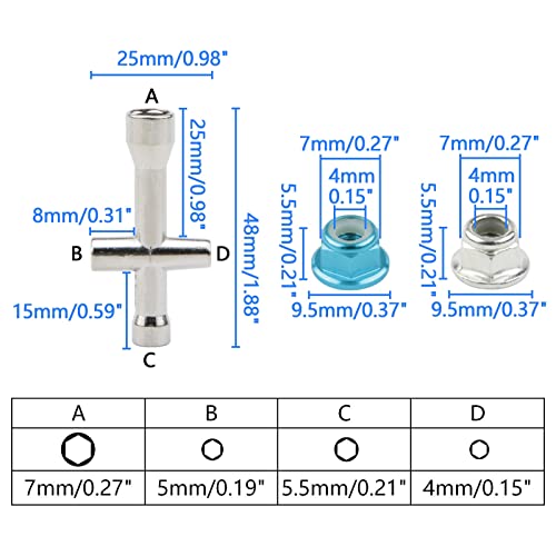 16pcs M4 Lock Nuts for 1/10 RC Car Wheel, Light Blue & Silver | 4mm Anodized Aluminum Alloy and Steel, Flange Serrated Nylon Insert Locking, With Wrench Set - color: Light Blue & Silver