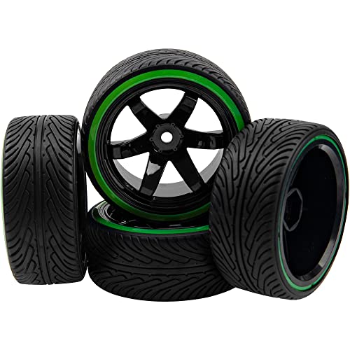 1/10 RC Drift Car Tires 12mm Hex Hub Wheel Rims & Hard Plastic Tyre 6 Spoke Compatible with Traxxas HSP Tamiya Kyosho HPI Redcat 1/10 On-Road RC Drift Drifting Car (Green)