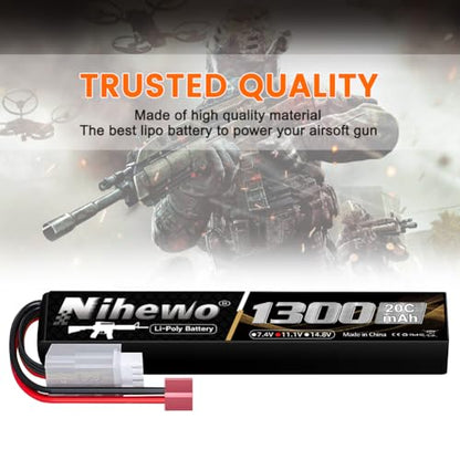 Airsoft Battery 11.1V 1300mAh 20C T Plug 2pcs for Airsoft Gun/Rifle | 11.1V Lipo Battery Airsoft 3S 1300mAh 20C Rechargeable Soft Case Lipo Battery with Dean T Plug for AEG Airsoft Guns/Rifles