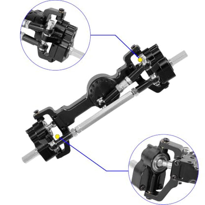 Metal Front & Rear Portal Axle Assembly Set for WPL C14 C24 B14 B24 B16 B36 C64 C64-1 C74 C74-1, Aluminum Axle Housing with Steel Gears, Steering Cups Tie Rods, 5mm RC Upgrade Parts (Black) - color: Black