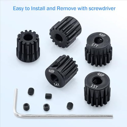 Surpass 48P Pinion Gear Set Hardened 13T 14T 15T 16T 17T Pinion Gear 3.175mm Inner Hole fit for 1/10 RC Car with Screwdriver (5pack) - size: 13T 14T 15T 16T 17T