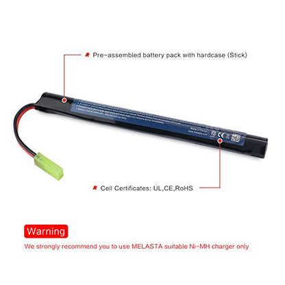 melasta 8.4V 1600mAh 2/3A Stick NiMH Battery 2-Pack for Airsoft Guns | Mini Tamiya connector. Butterfly nunchuck stick design. Compatible with airsoft rifle/pistol models. Rechargeable pack.