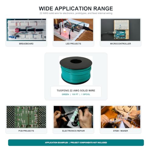 TUOFENG 22 AWG Solid Core Wire - Breadboard Jumper, Green 100ft - size: 22 AWG solid wire green 100ft