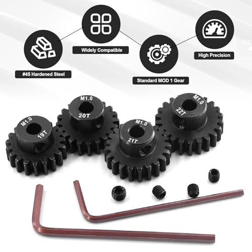 OGRC 4PCS Mod 1 Pinion Gear Hardened Steel 5mm Motor Shaft Gear Set 19T 20T 21T 22T M1 Pitch Gears for 1/8 1/10 RC Car