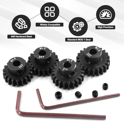 OGRC 1M 5mm Motor Shaft 19T 20T 21T 22T Pinion Gears Fits 1/8 1/10 RC Car | 4pcs, Hardened Steel, for Arrma Traxxas Axial HSP Redcat Losi RC Buggy