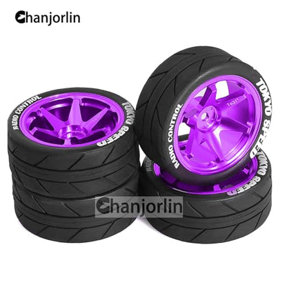 1/10 On Road Tires and Aluminum Wheels 12mm Hex RC Rally Racing Tyres OD 2.56" for Tamiya TT01 TT02 XV01 TA06 A959 PTG2 HPI KYOSHO PTG2 Traxxas 1:10 Street Touring Drift Car 4PCS (Purple) - color: Purple