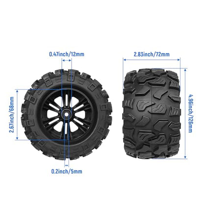 2.8“ PreGlued RC Truck Wheels and Tires 12mm Hex w/Foam Inserts for Traxxas Rustler Stampede 4X4 VXL Hoss 4x4 Blackout XTE Pro 1/10 Scale RC Monster Truck Tyres Set (4-Pack)