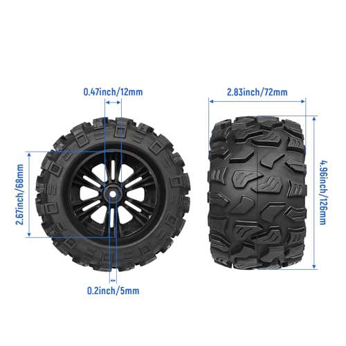 2.8“ PreGlued RC Truck Wheels and Tires 12mm Hex w/Foam Inserts for Traxxas Rustler Stampede 4X4 VXL Hoss 4x4 Blackout XTE Pro 1/10 Scale RC Monster Truck Tyres Set (4-Pack)
