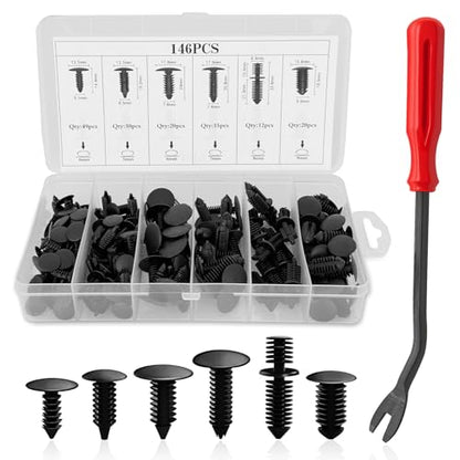 146PCS Bumper Retainer Clips, Automotive Clips, Nylon Bumper Rivet Clips with Bonus Fastener Remover, Car Accessories Most Popular Sizes Auto Push Pin Rivets Set for Most Vehicles