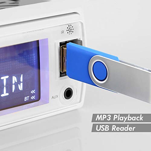 Pyle Bluetooth Marine Receiver Stereo - 12v Single DIN Style Boat In dash Radio Receiver System with Digital LCD, RCA, MP3, USB, SD, AM FM Radio - Remote Control, Wiring Harness - PLRMR23BTW (White)